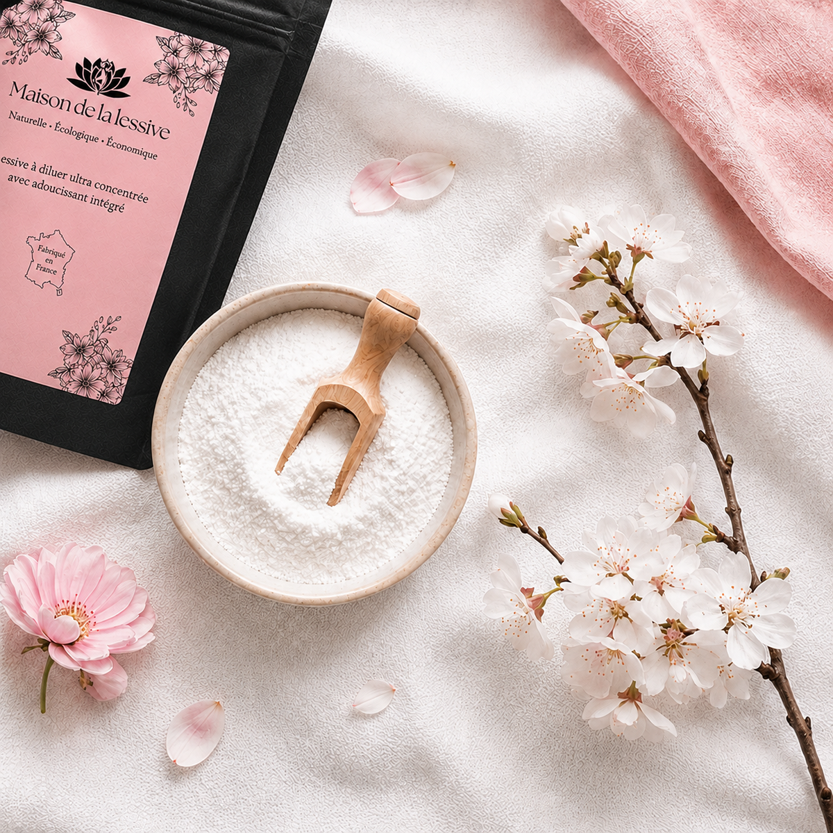 Poudre de lessive concentrée dans un bol en bois avec sa cuillère, à côté du sachet Maison de la Lessive, posés sur un linge blanc Image