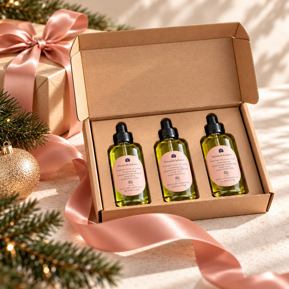 Coffret de Noël Maison de la Lessive ouvert, avec 3 flacons de parfum de linge de 100 ml, ruban rose et sapin