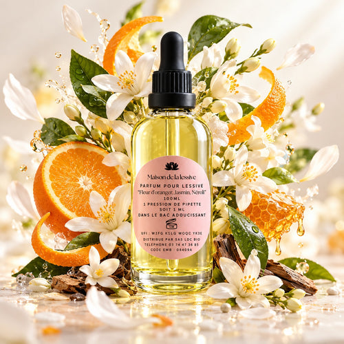 Parfum de linge Fleur d'oranger, Jasmin, Néroli 100 ml Maison de la Lessive, entouré d'oranges, de fleurs blanches et de miel