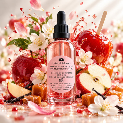 Parfum de linge Pomme d'Amour 100 ml Maison de la Lessive, entouré de pommes d'amour, caramel et fleurs de pommier