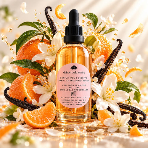 Parfum de linge Vanille Mandarine 100 ml Maison de la Lessive, entouré de mandarines, gousses de vanille et fleurs d'oranger